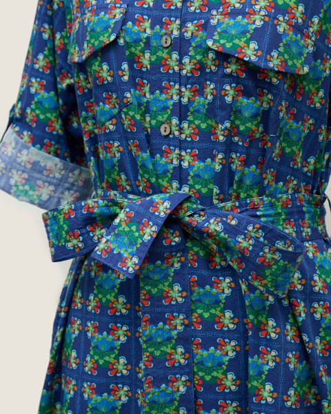 Original Long Shirt Dress - Bunga Raya Tiles Blue