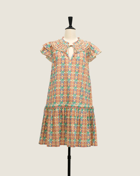 Draw String Mini Dress - Bunga Raya Tiles Peach