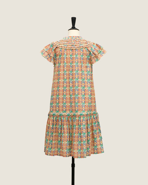 Draw String Mini Dress - Bunga Raya Tiles Peach