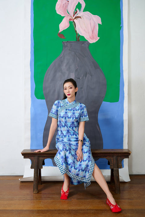 Long Cheongsam  - Crystal Blossom Blue