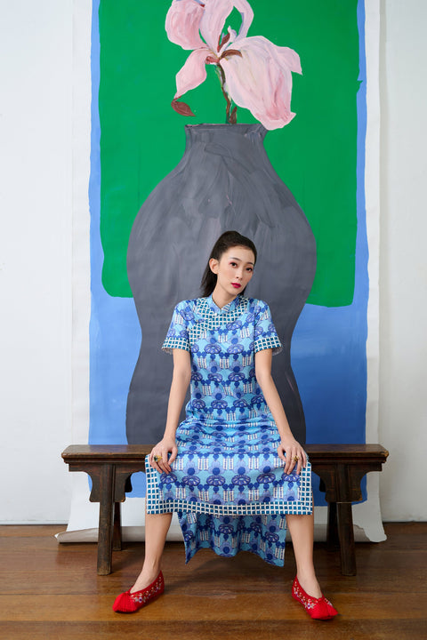 Long Cheongsam  - Crystal Blossom Blue