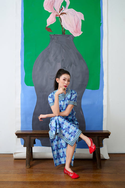 Long Cheongsam  - Crystal Blossom Blue