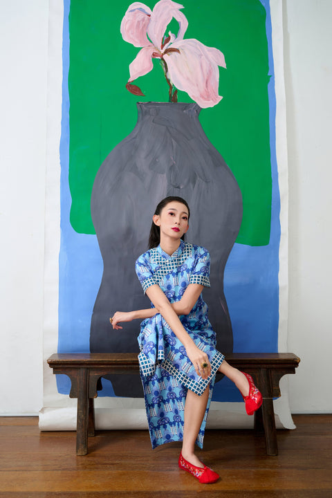 Long Cheongsam  - Crystal Blossom Blue