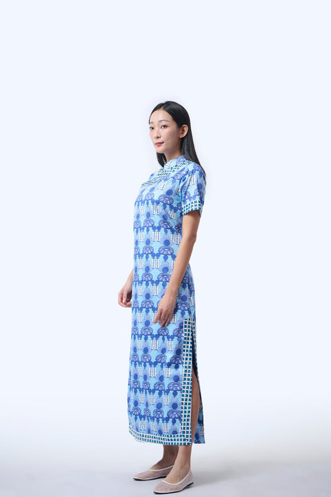 Long Cheongsam  - Crystal Blossom Blue