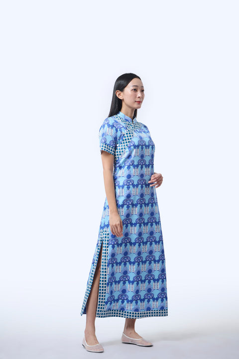 Long Cheongsam  - Crystal Blossom Blue