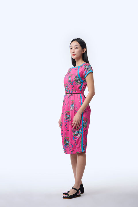 Boatneck Cheongsam  - Ribbons Magenta