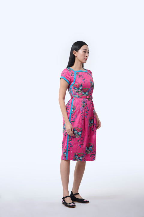 Boatneck Cheongsam  - Ribbons Magenta