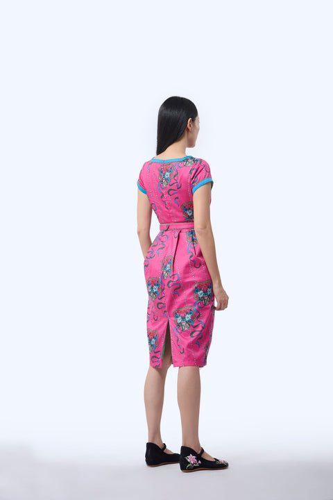 Boatneck Cheongsam  - Ribbons Magenta