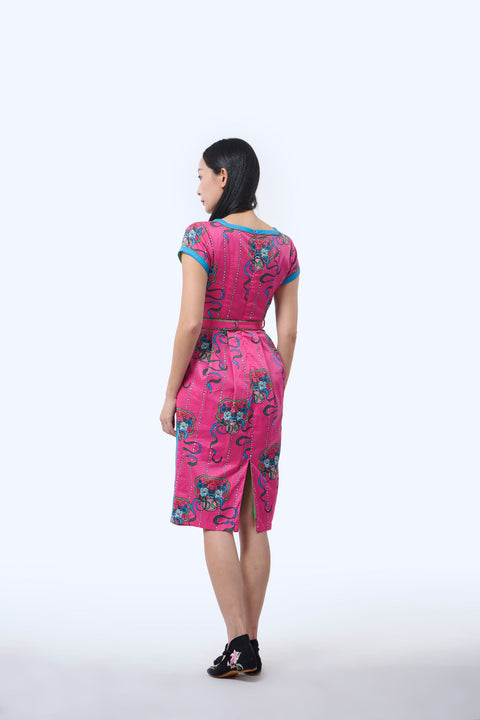 Boatneck Cheongsam  - Ribbons Magenta