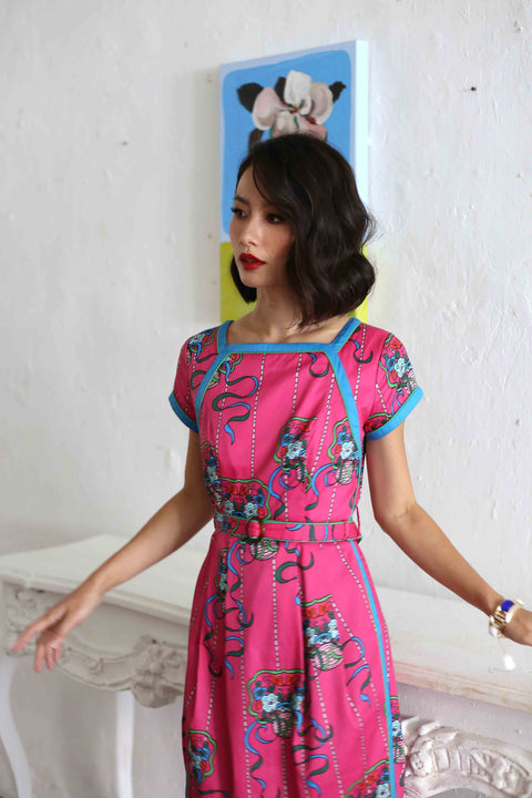 Boatneck Cheongsam  - Ribbons Magenta