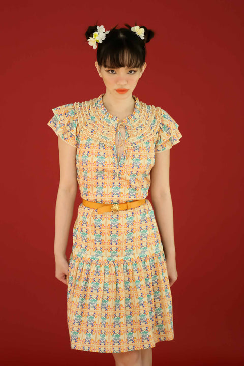 Draw String Mini Dress - Bunga Raya Tiles Peach