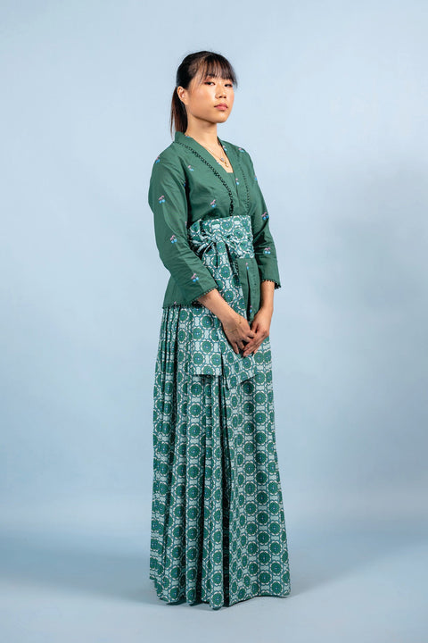 Cherry Kebaya & Wrap Around Sarong Set - Forest Green