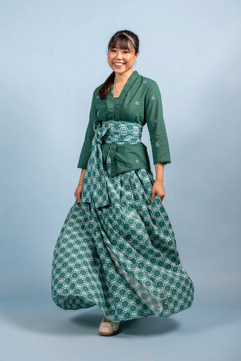 Cherry Kebaya & Wrap Around Sarong Set - Forest Green