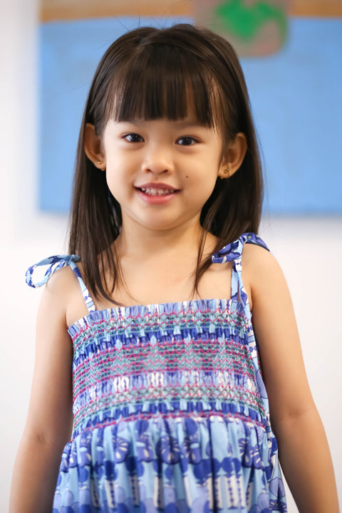 Girls Singapore Smock Dress - Crystal Blossom Blue