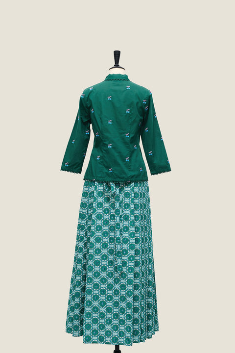 Cherry Kebaya & Wrap Around Sarong Set - Forest Green