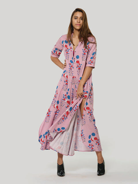 Maxi Shirt Dress - Willow Roses Pink