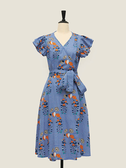 50's Wrap Dress - Willow Roses Blue