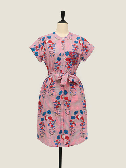 Shirt Dress Mandarin Collar - Willow Roses Pink